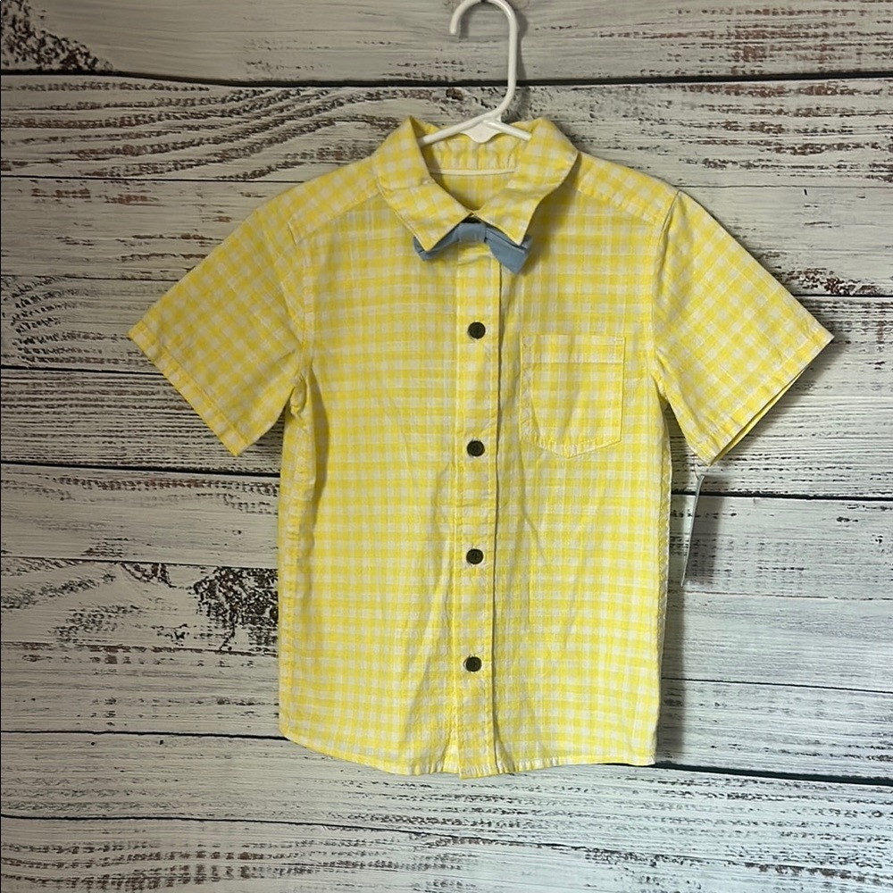 NWT Cat & Jack Yellow Button Down Shirt Short Sleeve with bow tie size 5t